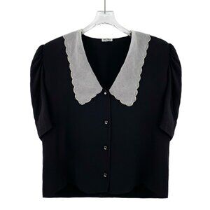 Miu Miu Black silk puff short-sleeve button-up shirt